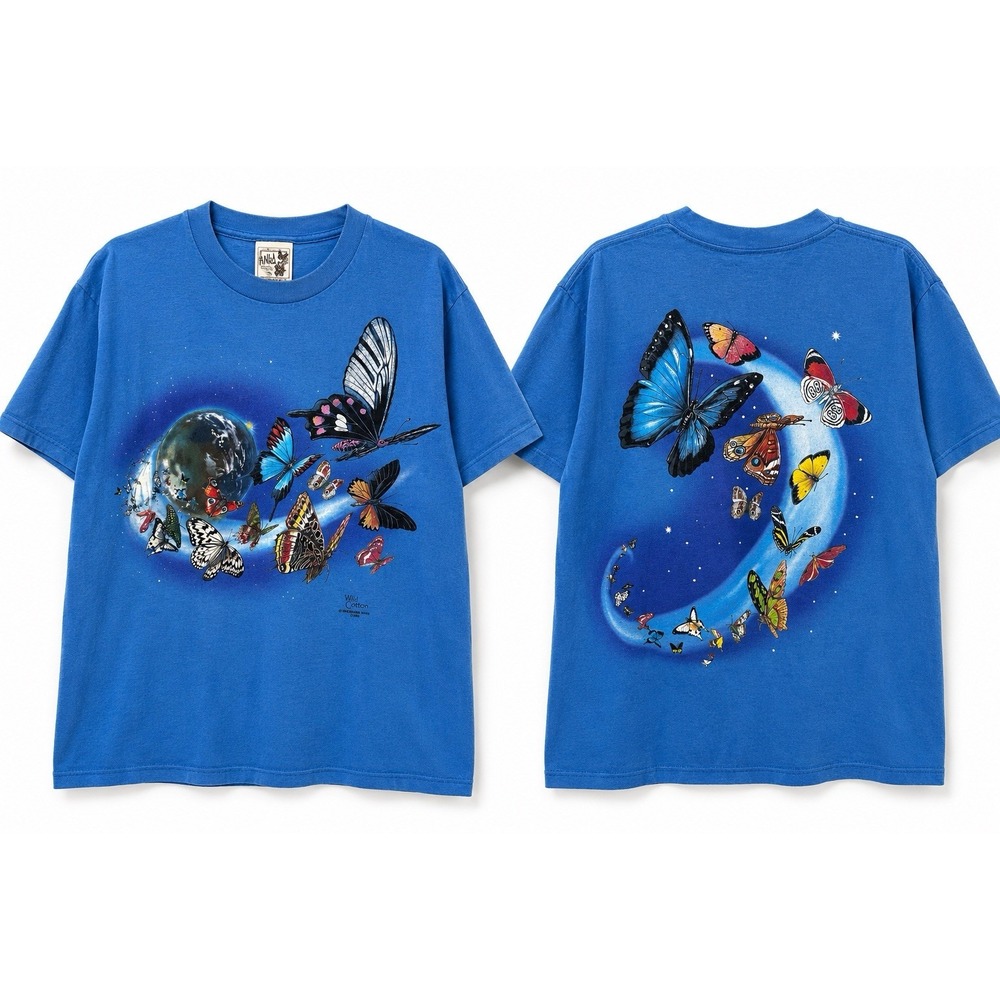 VTG 1999 Wild Cotton Butterfly Earth T Shirt 2 Sided Blue USA Single Stitch